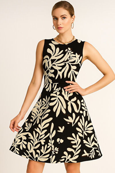 Rich Women's Black Patterned 0 Sleeve Crew Neck Dress