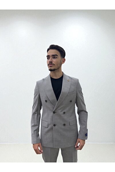 ROMASTER Erkek Slim Fit Çizgili Gri Kruvaze Yün Takım Elbise