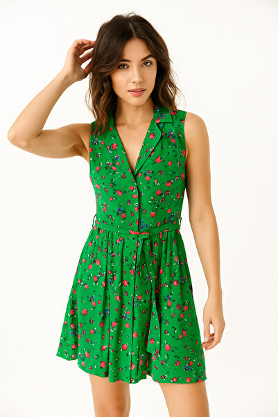 Rich Women's Green Floral Print Double Breasted Dress – Tie Waist, Sleeveless