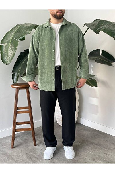 BayAygün 5103 Oversize Kadife Gomlek _Yeşil