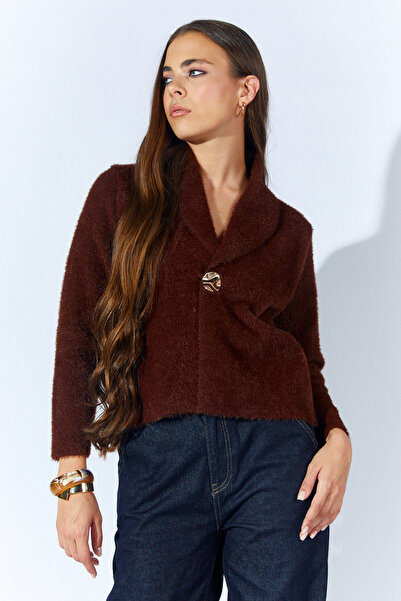 Manche Gold Düğmeli Tüylü Triko Hırka - Kahve | MKW359857-01