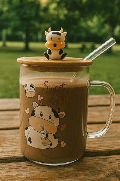 Jenisa Cow Figured Glass Mug – Soft Drink Glass with Bamboo Lid and Glass Straw - Sweet Milk