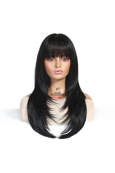 Fenomen Peruk Siyah Düz Perçemli Katlı Kesimli Peruk