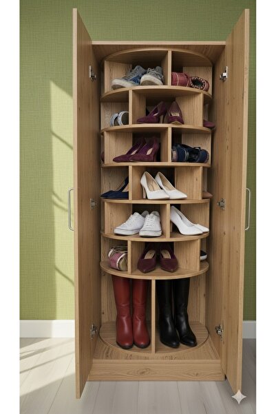 MukoToys 360° Dönen Dolaplı Ayakkabı Rafı 7 Basamaklı Ceviz Mdf