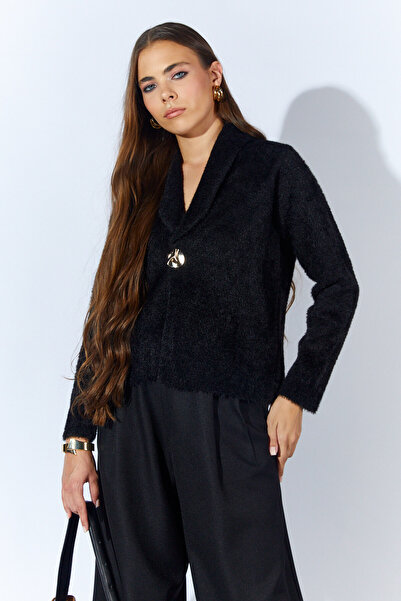 ikomteks Gold Buttoned Feathered Knit Cardigan - Black