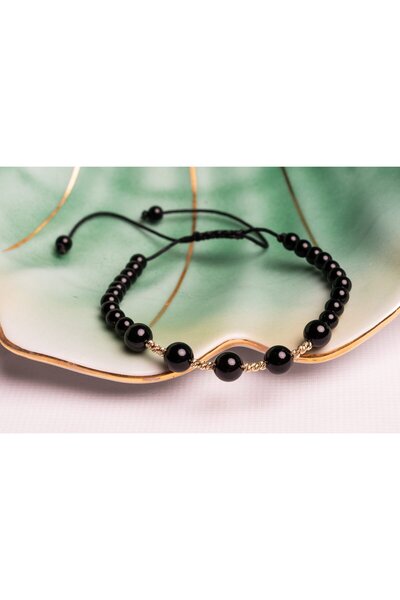 OEM Brățară cu onix și bilute din aur 585 14k - Reglabila