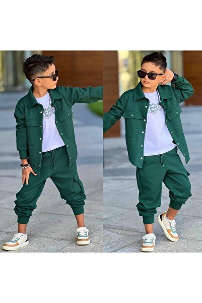 RAPAPA Boys' 3-Piece Sportswear Set – Green Jacket, Jogger Bottoms and Basic T-Shirt 60298