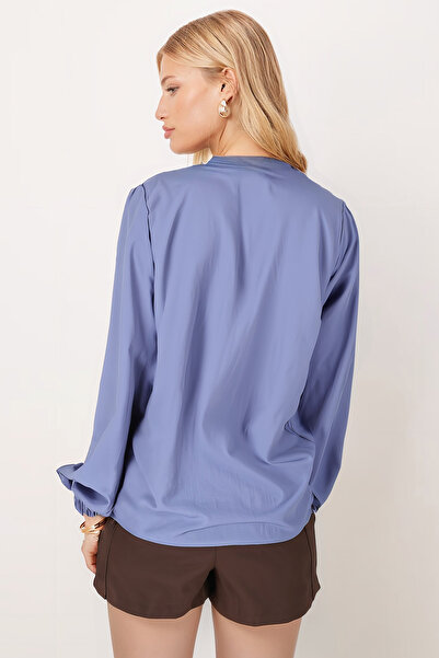 armonika Bluză elastică pentru femei, albastru închis, cu mânecă cu șireturi ARM-25K001096
