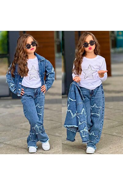 RAPAPA Set din denim din 3 piese cu detalii stea pentru fetiță – jachetă, pan...