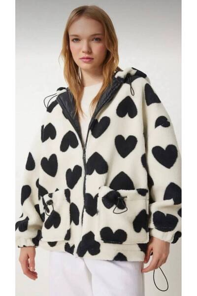 LACASE Kapüşonlu Kalpli Peluş Mont SİYAH BEYAZ LRI0005