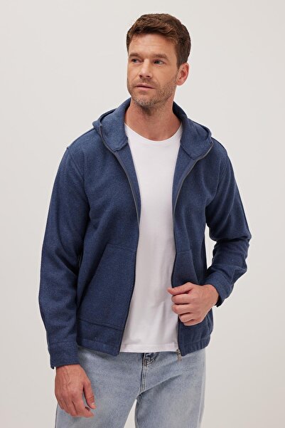 Tudors Men's Relaxed Fit Comfortable Cut Zippered Double Pocket Hooded Indigo Jacket Shirt