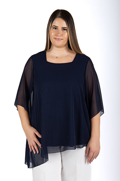 MEDOL GİYİM Büyük beden kadın incili şifon kare yaka abiye bluz