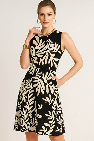 Rich Women's Black Patterned 0 Sleeve Crew Neck Dress