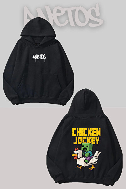 Anetos Chicken Zombie Spate cu imprimeu Negru cu glugă Swea tricou