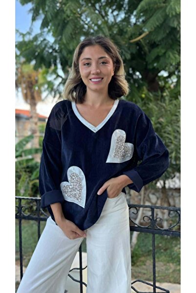 Punta Otantik LS1119 Bluză din catifea cu model inimă italiană, albastru închis