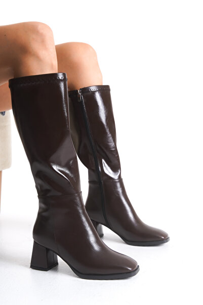 Shu Mhu Cizme cu toc pătrat de 6 cm, cu fermoar elastic, cu vârf tocit, sub g...