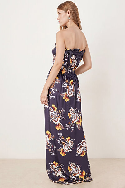 armonika Γυναικείο μακρύ φόρεμα με ελαστικό στράπλες σε μπλε ναυτικό χρώμα ARM-25Y001105