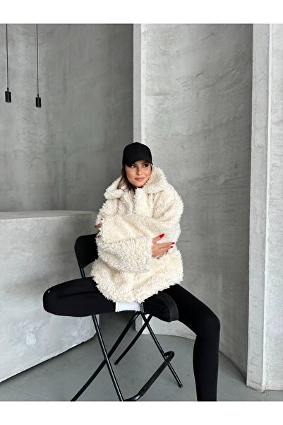 LACASE Palton negru de pluș cu blană artificială