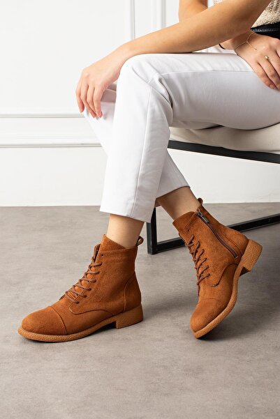ShoeTek Marcello Kadın Bot&Bootie Kauçuk Tabanlı Bağcıklı Taba Süet