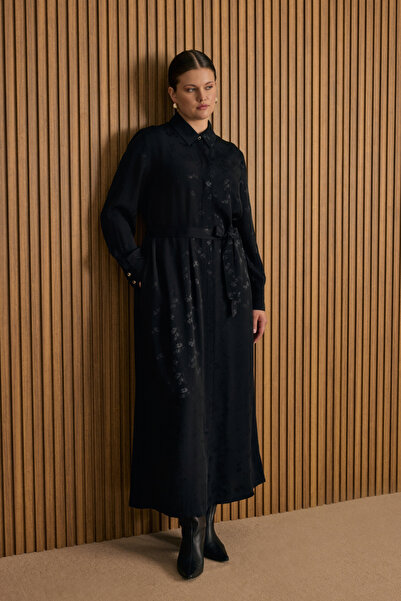 Aker Çiçek Jakar Desenli Bağcıklı Viscon Elbise