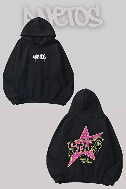 Anetos Stars Sırt cu imprimeu Negru cu glugă Swea tricou
