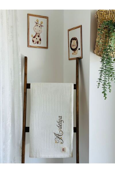 Çift Taraflı Kişiye Özel Isim Nakışlı Waffle Pike & Müslin Bebek Battaniyesi 90X100 CM Tavşan