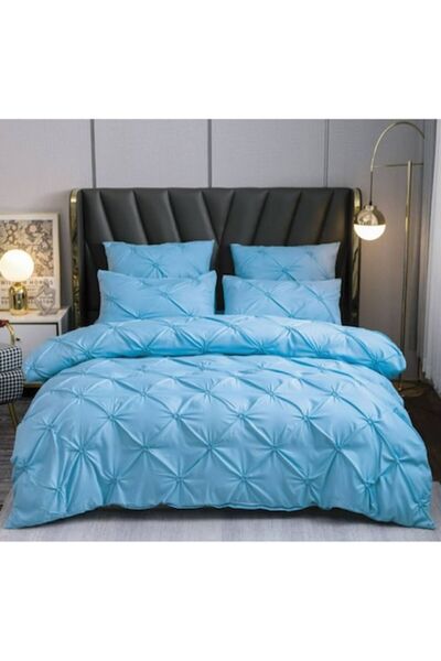 SereDesign Set lenjerie de pat finet, 6 piese, pat 2 persoane, cu pliuri, culoare bleu