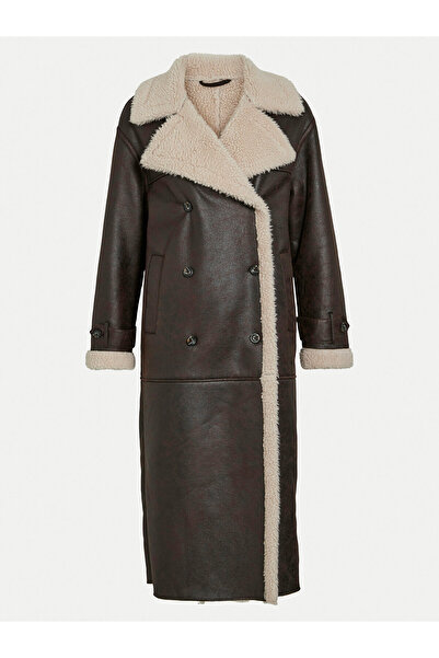 VILA Γυναικείο Καφέ Παλτό από Δέρμα Προβάτων VILA-14097991 COFFEE BEAN