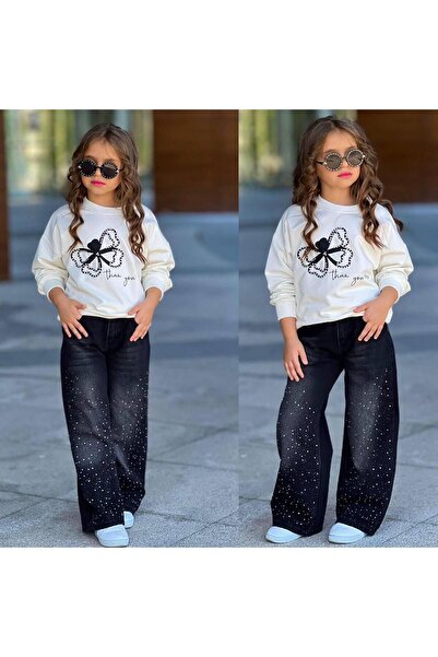 RAPAPA Girl's 2-Piece Set – Stone Printed Wide Leg Jeans & Bow Sweatshirt – Black Ecru 2606