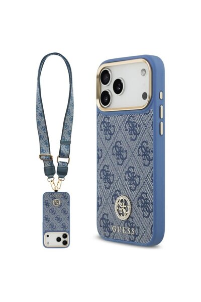 Guess Husă originală pentru iPhone 17 Pro Max cu curea și MagSafe, albastră