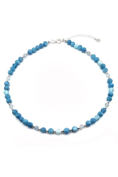 Lexy's Boutique Colier handmade, ajustabil, argint 925, pietre semipretioase angelit, agat, acvamarin, max 44 cm