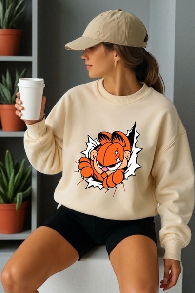 ArtYus Tricou unisex cu mânecă lungă Garfield Transfer cu imprimeu guler rotund Swea tricou