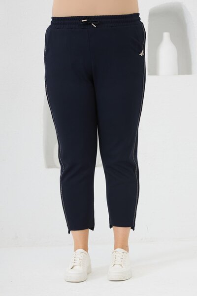 RMG Plus Size Stripe Detailed Sweatpants Navy Blue