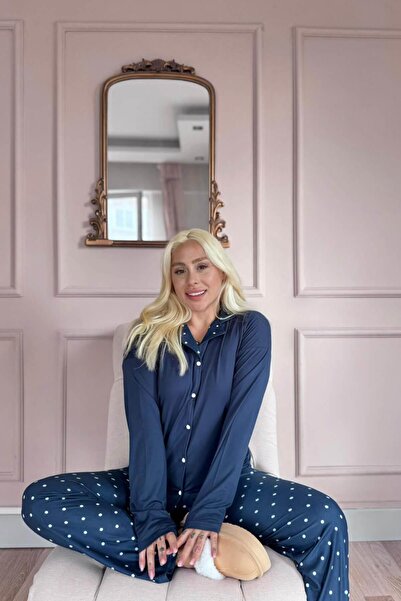 Pijamaevi Σετ γυναικεία πιτζάμα με μακρυμάνικο μπλουζάκι με κουμπιά από μπαμπού με σχέδιο σε μπλε ναυτικό