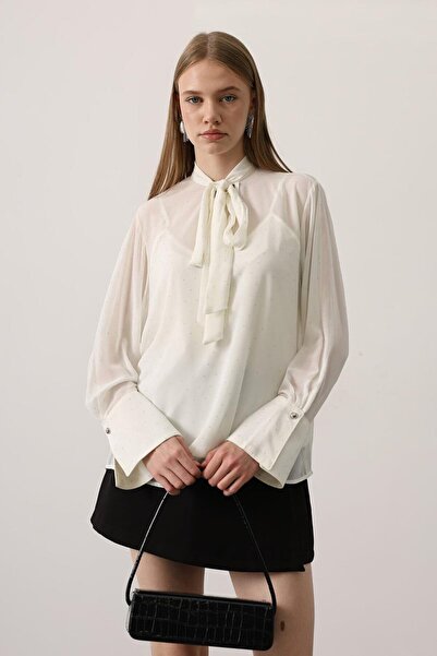 VAGGON Women's Ecru Stone Appliqué Detailed Halter Neck Transparent Shirt Vs00480