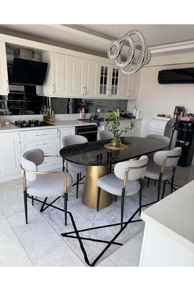 Meser Mobilya MERMER DESEN OVAL MDF SABİT MUTFAK MASASI / METAL ESKİTME PİRİN...