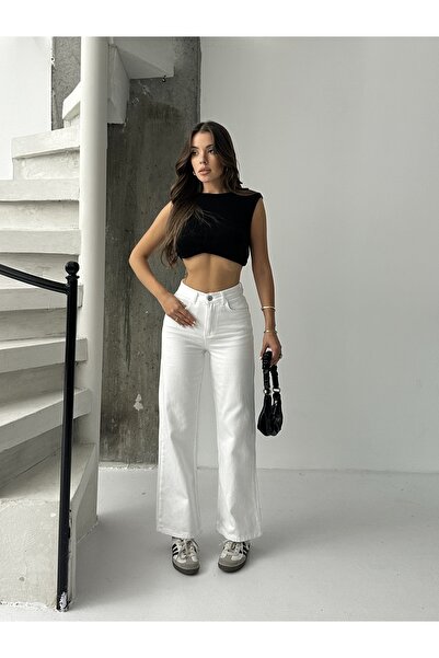 blue marlın Women's High Waist White Linen Boyfriend Loose Fit Pants