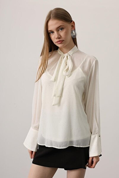 VAGGON Women's Ecru Stone Appliqué Detailed Halter Neck Transparent Shirt Vs00480