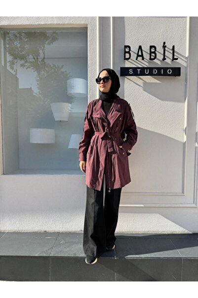 Almarwah Black 404987 Women's Jacket with Pockets and Collar, Plum