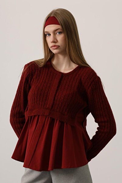 VAGGON Γυναικεία μπλούζα με λεπτομέρεια από πλεκτό μπορντό πάνελ Vs01249