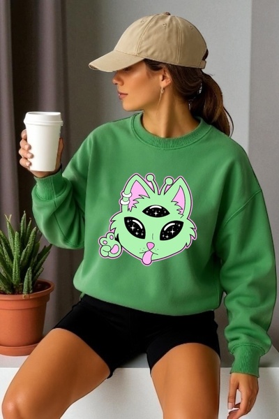 ArtYus Tricou unisex cu mânecă lungă Alien pisică Transfer cu imprimeu guler ...