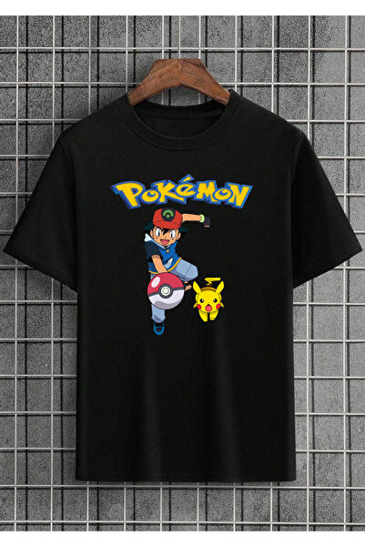 lovver Tricou negru gros de iarnă, 100% bumbac, cu design Pokemon