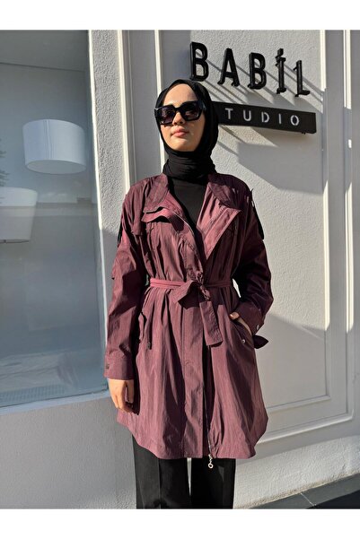 Almarwah Black 404987 Women's Jacket with Pockets and Collar, Plum