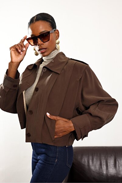5in1Canpolat Brown Pleated Bomber Jacket