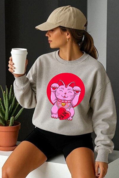 ArtYus Унисекс дълъг ръкав Япония котка трансфер печат велосипедна яка суитшърт