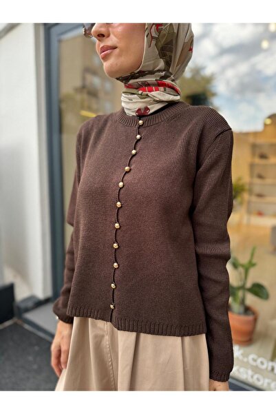 Babil Butik Γυναικεία ζακέτα με μεταλλικά κουμπιά καφέ