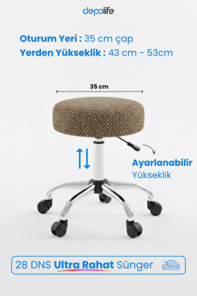 Depolife Tedy Yükseklik Ayarlı Ergonomik Ofis Kasiyer Sekreter Makyaj Tekerlekli Çalışma Taburesi