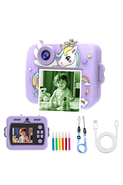 VALA Aparat foto copii cu printare, VALA® 8K COLOR UNICORN, Camera duala fata-spate cu Autofocus, Violet