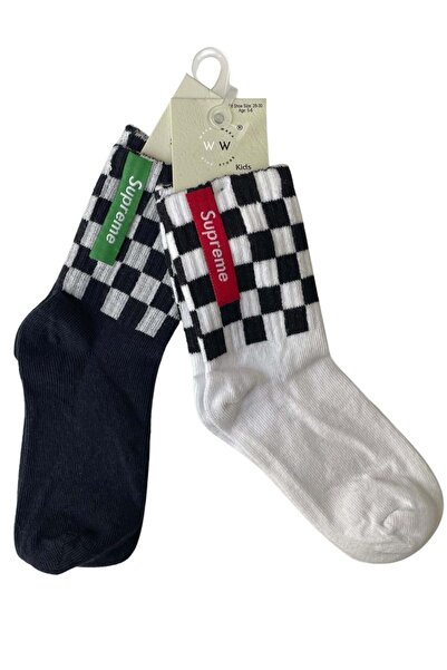 ww waka waka kids store Children's Checkered Supreme Patterned Colorful 2-Piece Socks Set |   Comfortable and Stylish
