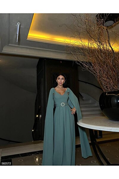 Modafeminen Φόρεμα από εισαγόμενο κρεπ ύφασμα με λεπτομέρεια ανοιχτό στους ώμους, μανίκια και αυτοδιακοσμητική ζώνη 582572 MİNT